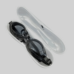 Kids swimming goggles blue tinted lenses in white hard protective case - open view