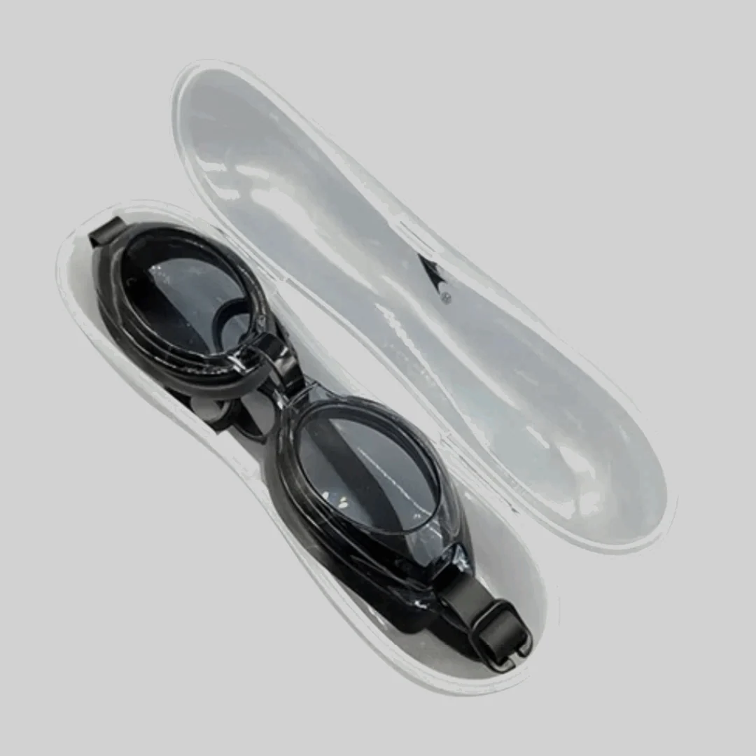 Kids swimming goggles blue tinted lenses in white hard protective case - open view
