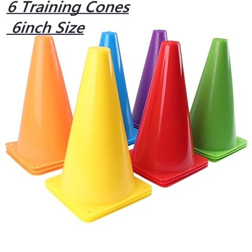 Sports Training Cones 6 inch set showing 6 cones in orange yellow blue purple red green colors with 6 Training Cones 6inch Size text on white background - 6 inch multi-color set view