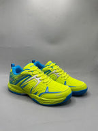 Heat X Tokyo badminton shoes yellow black colorway with black Heat X box - front view showing HX logo