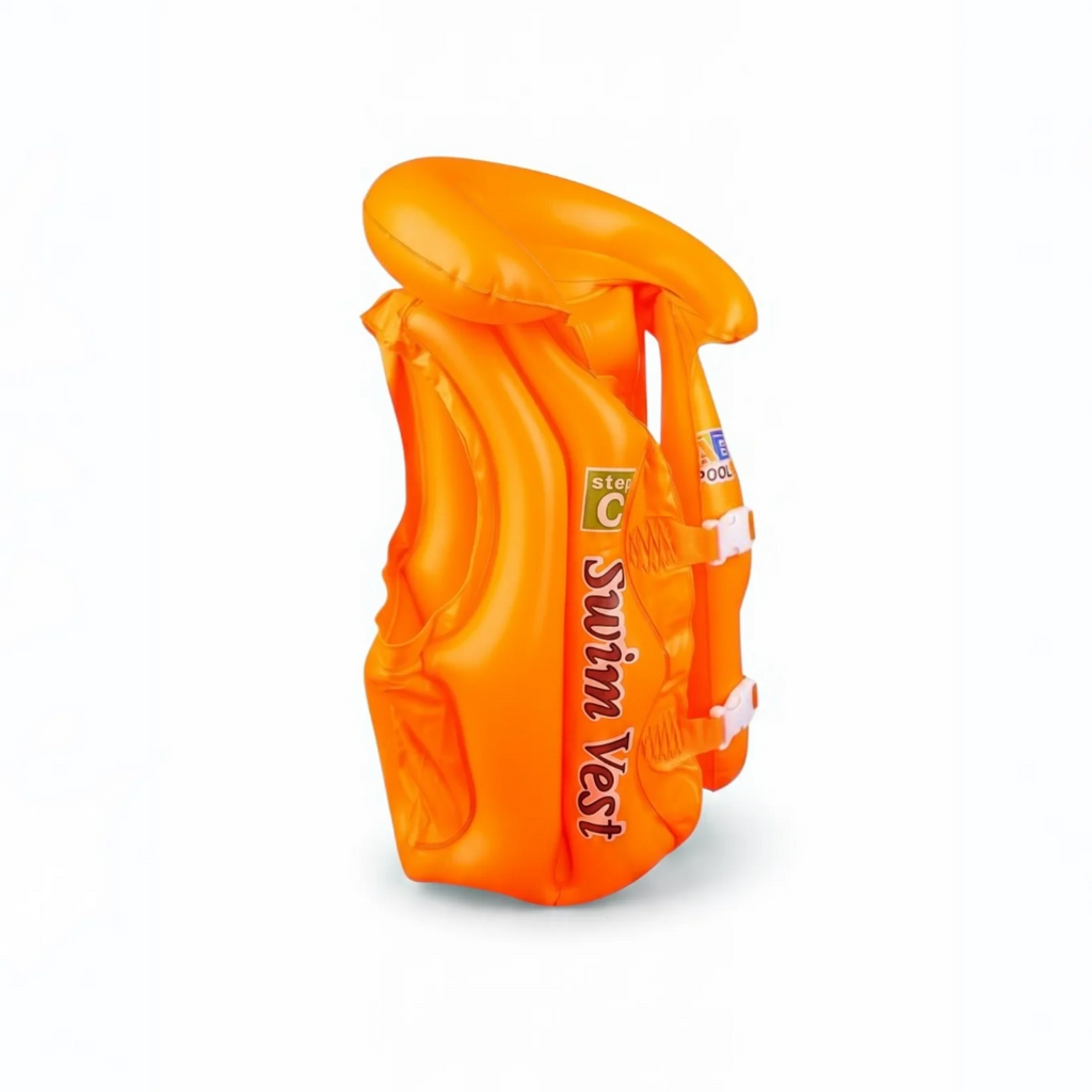 Inflatable kids swim vest orange side view showing neck float collar and multiple air chambers