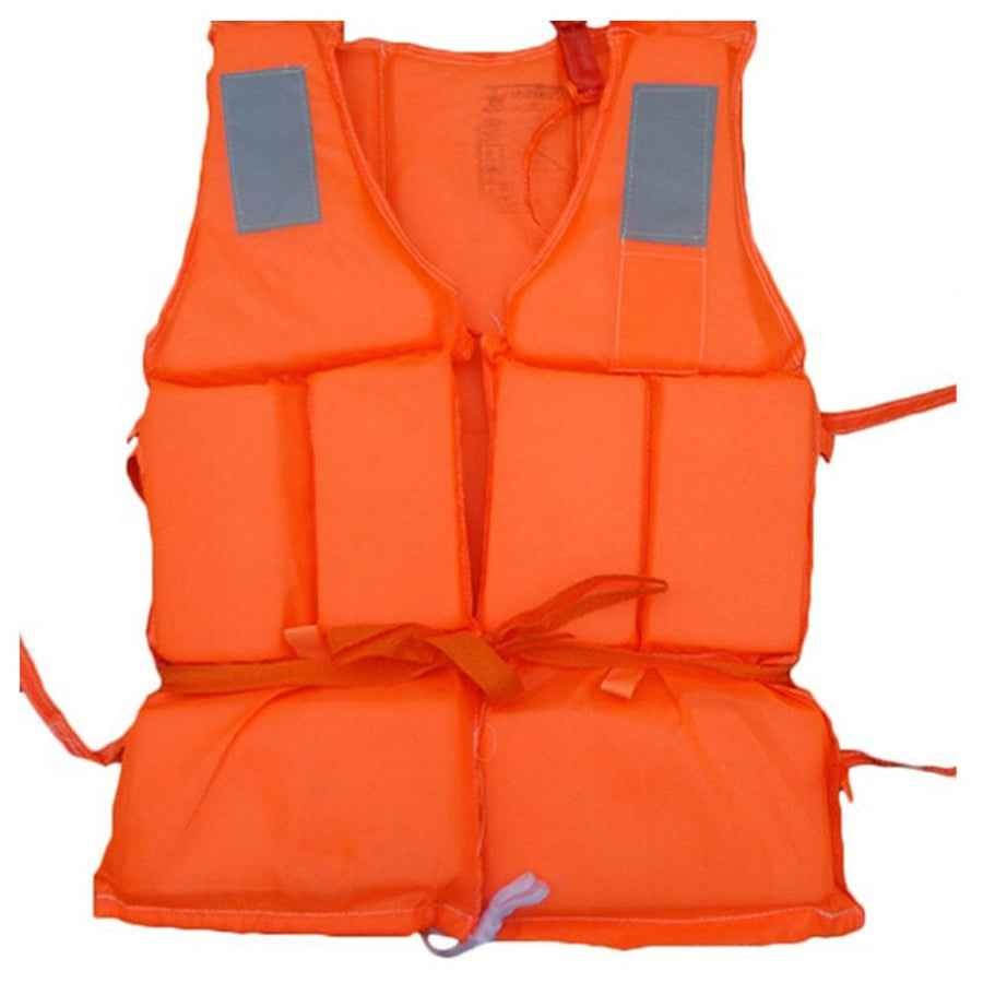 Adult life jacket orange front view showing foam panels, reflective strips and tie straps