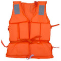 Adult life jacket orange front view showing foam panels, reflective strips and tie straps