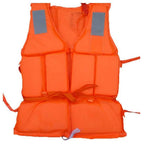Adult life jacket orange front view showing foam panels, reflective strips and tie straps