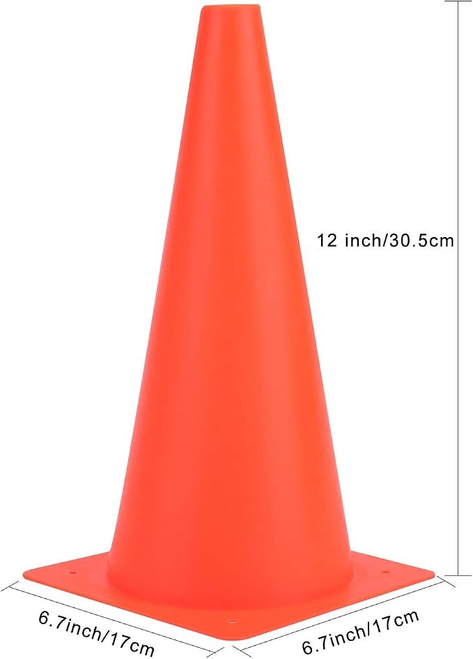 Sports Training Cone 12 inch orange showing height 12 inch 30.5cm and base width 6.7 inch 17cm x 17cm dimensions labeled on white background - 12 inch size view