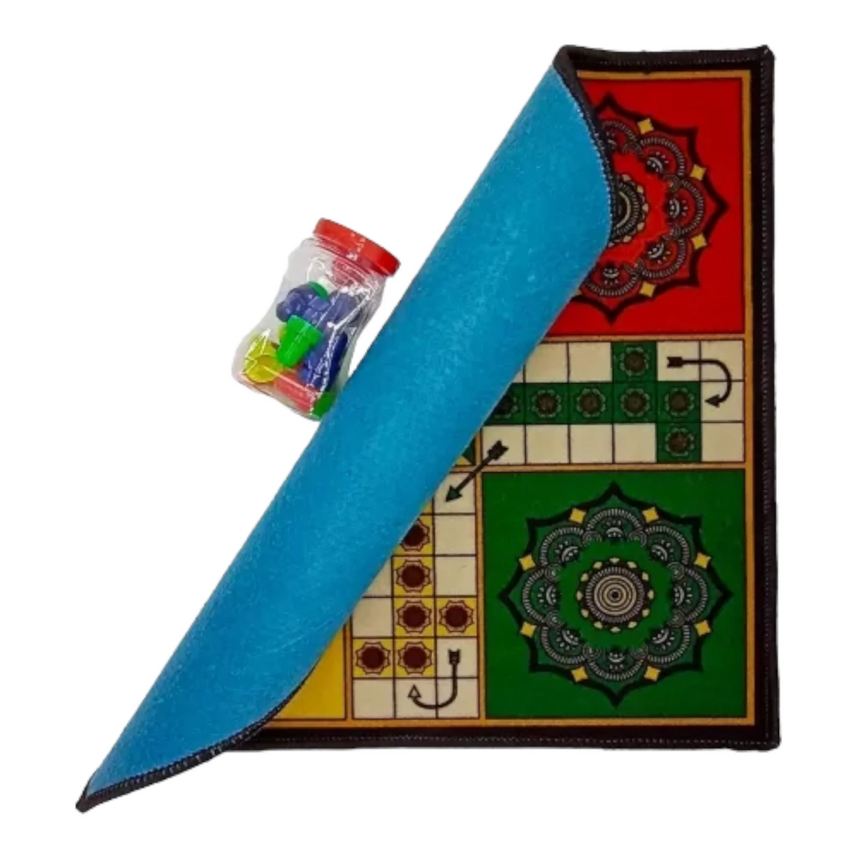 Premium velvet Ludo mat rolled showing blue non-slip backing with colored tokens jar