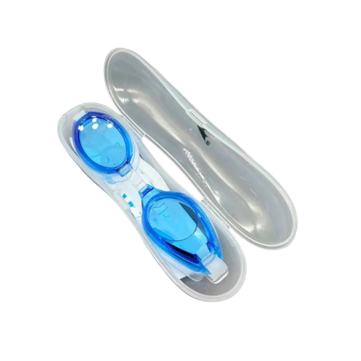 Kids swimming goggles smoke black tinted lenses in white hard protective case - open view