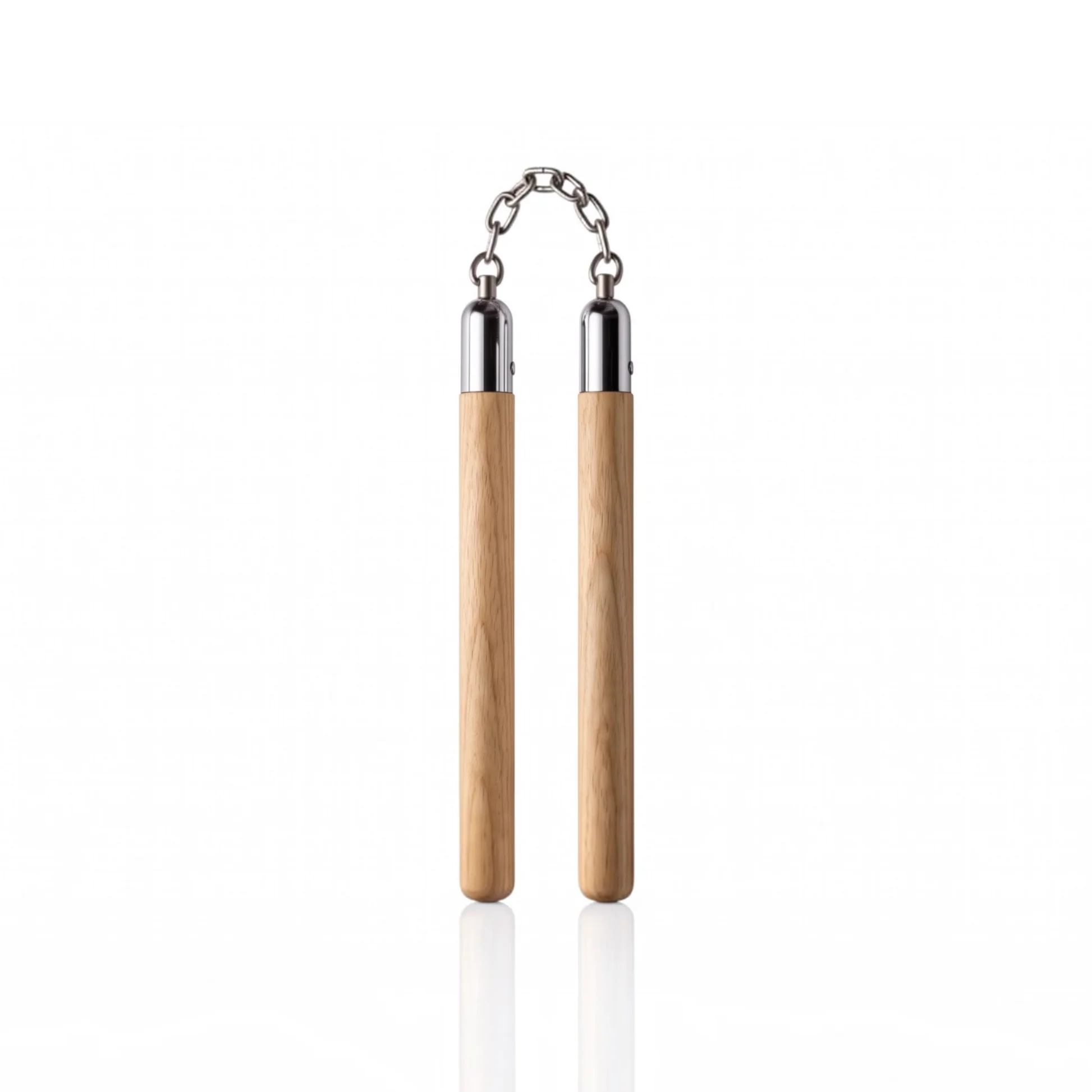 Wooden nunchaku natural beech wood sticks with chrome steel end caps and chain link connector - front view