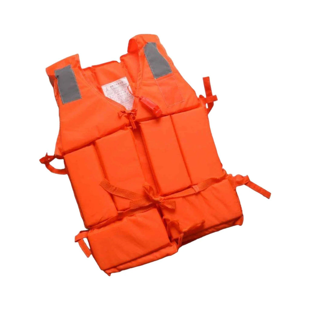 Adult life jacket orange back view showing foam padding, side straps and safety label