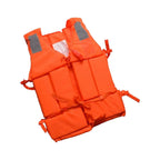 Adult life jacket orange back view showing foam padding, side straps and safety label