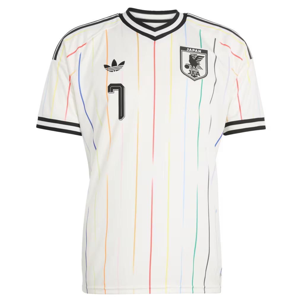 Japan Away Football Shirt 2026 – Adidas Originals | White Multicolor Pinstripe | JFA Eagle Crest | No.7 | Fan Kit
