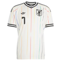 Japan Away Football Shirt 2026 Adidas Originals white showing multicolor vertical pinstripes red pink blue green yellow orange black full length JFA Japan Football Association eagle crest JAPAN text Adidas Originals trefoil logo number 7 black on chest black V-neck collar black double stripe Adidas cuffs front view on white background