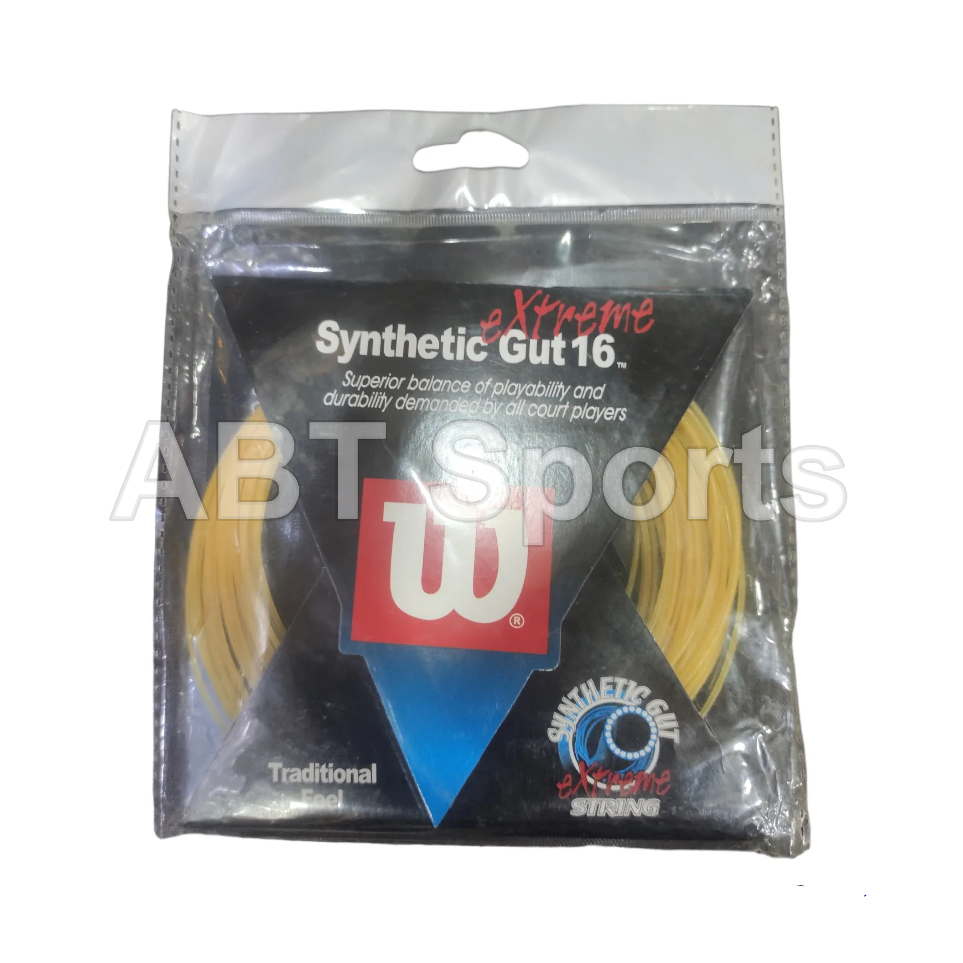 Wilson Synthetic Gut 16 Extreme tennis string natural gold color in clear packaging showing Wilson W logo and Traditional Feel branding