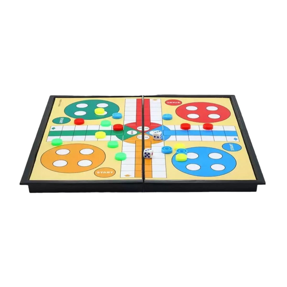 Magnetic Ludo board game open showing 4-color board with magnetic tokens and dice