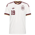 Spain Away Football Shirt 2026 Champions Edition Adidas Originals off-white cream showing RFEF Royal Coat of Arms crest 2 gold stars Adidas Originals trefoil logo number 19 dark maroon dark maroon burgundy 3-stripe shoulders V-neck collar gold cream inner accent dark maroon cuff trim front view on white background
