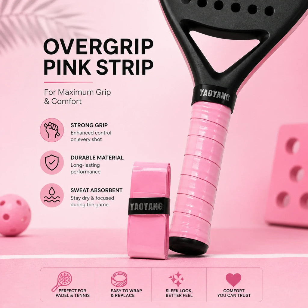 Yaoyang Overgrip Strip pink infographic showing strong grip durable material sweat absorbent features with pink padel racket and Yaoyang overgrip on pink background - features infographic view
