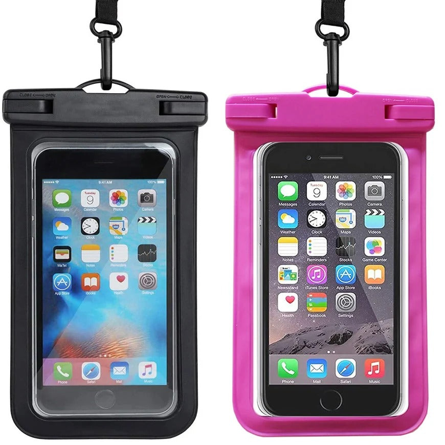 Waterproof mobile pouch black and pink with neck lanyard and adjustable strap - double lock seal