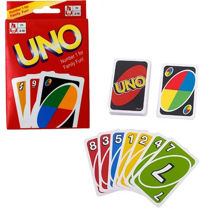 UNO card game box with full card deck spread showing number and action cards