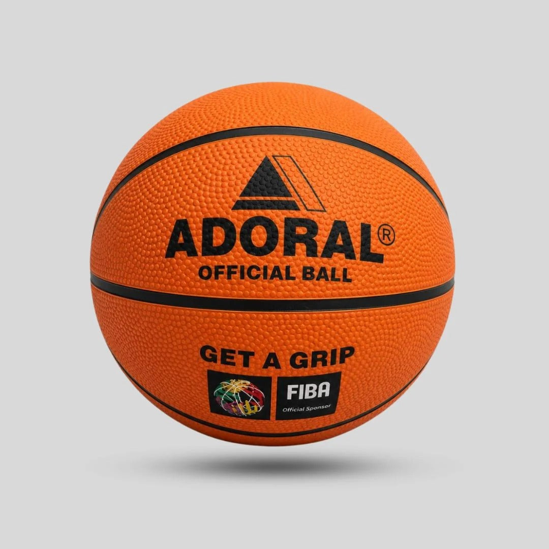 Adoral official basketball size 7 orange with deep-channel rubber surface and FIBA official sponsor logo - product view