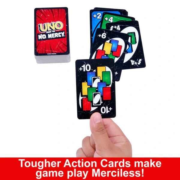 UNO No Mercy cards in hand showing +10 action card - tougher action cards make gameplay merciless