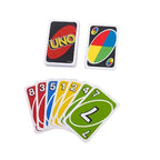UNO card deck front and back view with colorful number cards fanned out