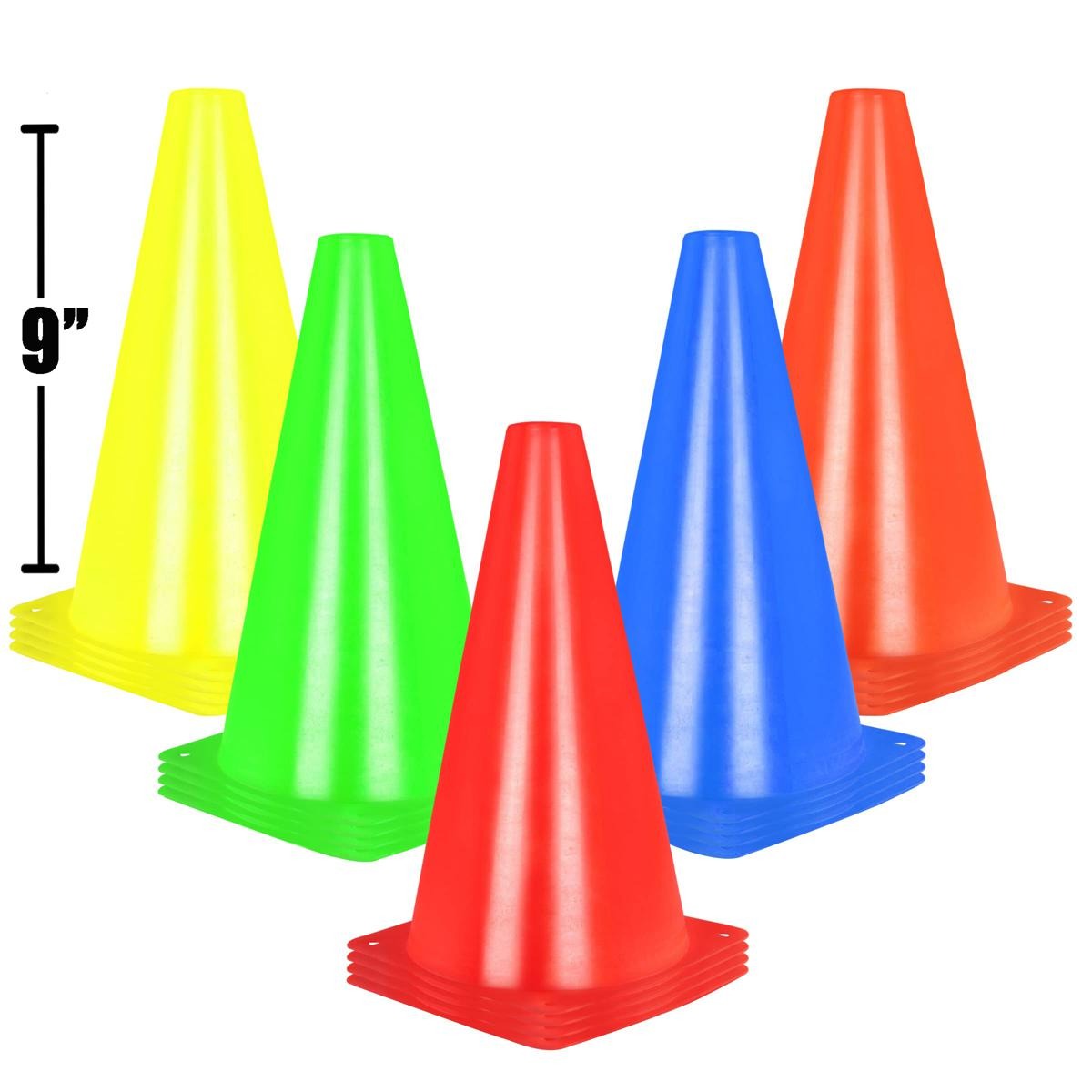 Sports Training Cones 9 inch set showing 5 cones in yellow green red blue orange colors stacked arrangement with 9 inch height label on white background - 9 inch multi-color set view