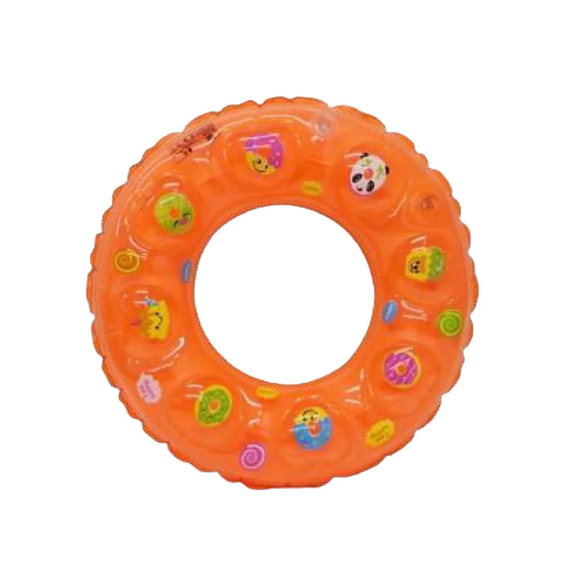 Orange transparent inflatable swim ring with fun emoji and donut bubble print pattern