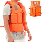 Adult life jacket being worn by man showing proper fit with reflective strips and adjustable straps