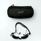 Speedo black competition swimming goggles with ear plugs and hard case - complete set flat lay