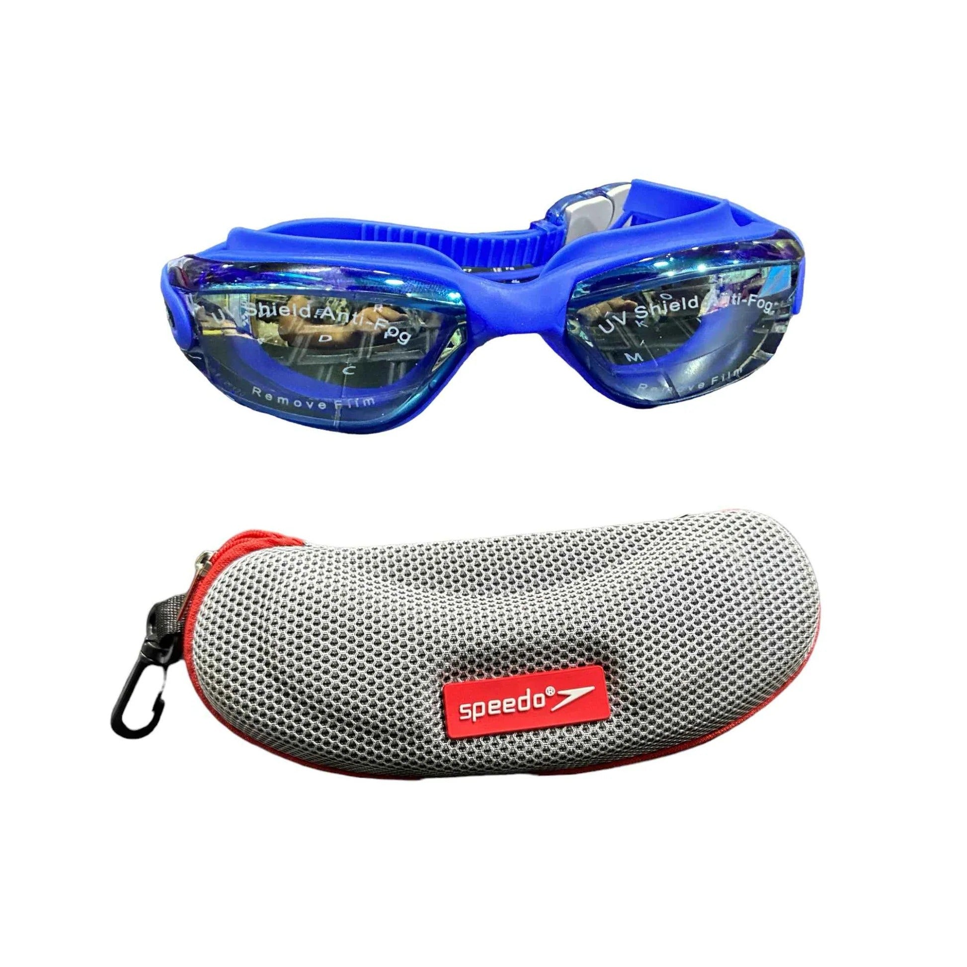 UV Shield blue swimming goggles with grey mesh Speedo zipper case with carabiner clip