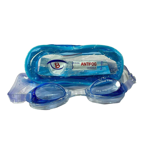 Antifog swimming goggles AK-1600 with protective film on lenses shown outside blue storage case
