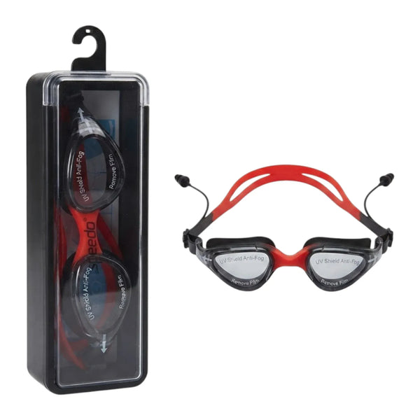 Speedo S8200 Swimming Goggles – UV Shield Anti-Fog | Smoke Lens | Red Black | Hard Case | Pool Training & Competition
