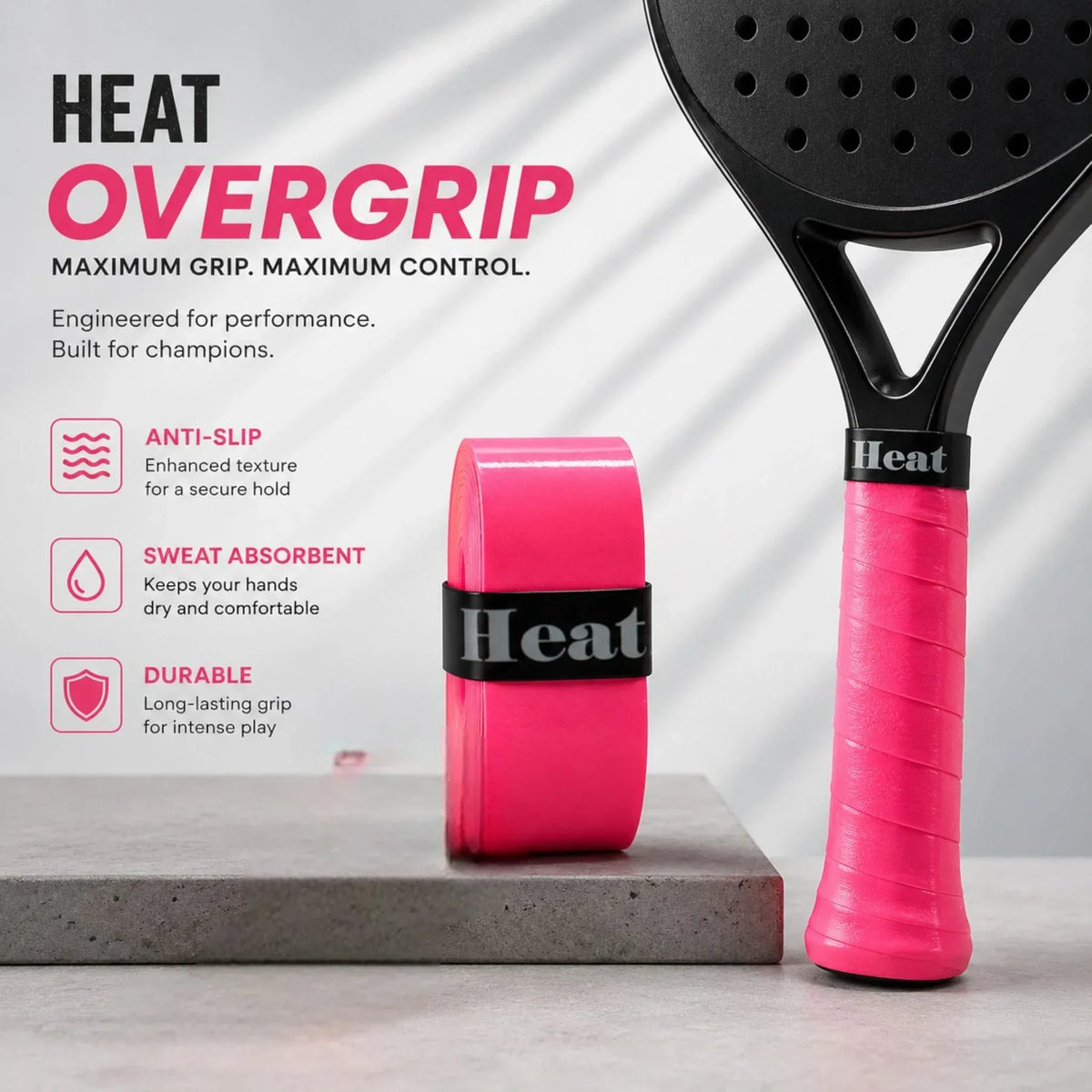 Heat Overgrip X Long Badminton Racket Grip – 5pc Box | Anti-Slip Sweat Absorbent | Hot Pink | Maximum Grip Maximum Control