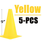 Sports Training Cones 9 inch yellow showing single yellow cone with Yellow 5-PCS text and 9 inch height label on white background - yellow 5pc pack view