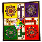 Premium velvet Ludo mat fully open showing vibrant mandala design in yellow purple green red
