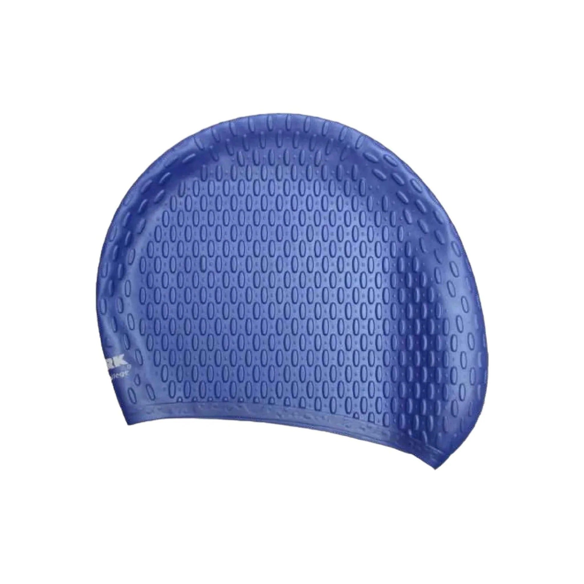 Blue silicone bubble swimming cap with oval textured pattern - flat lay view