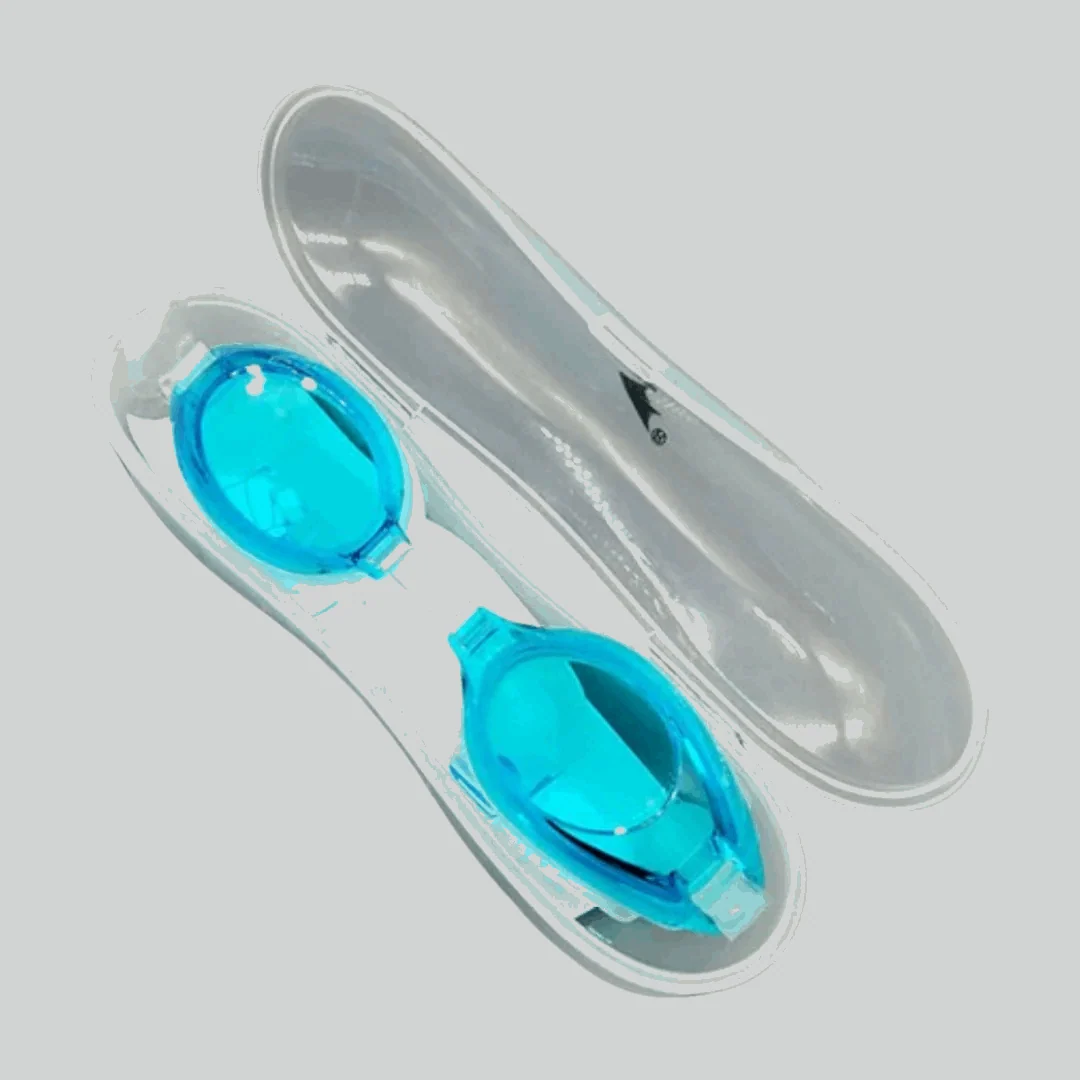 Kids swimming goggles aqua blue tinted lenses in white hard protective case - open view