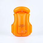Inflatable kids swim vest orange back view showing CE certification and multiple inflation valves