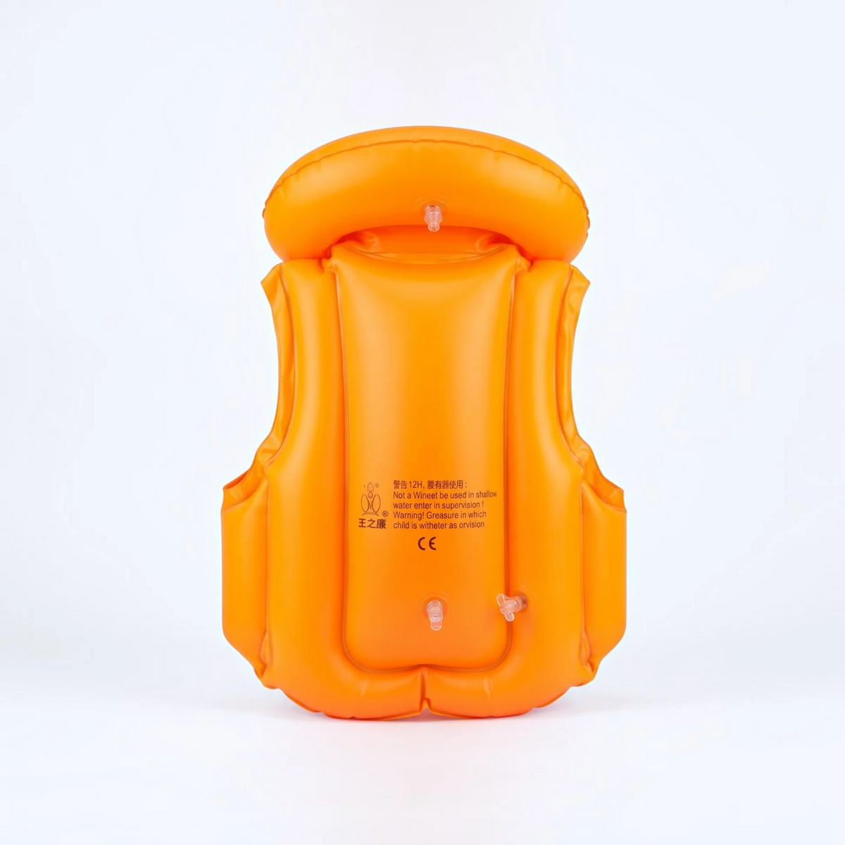 Inflatable kids swim vest orange back view showing CE certification and multiple inflation valves