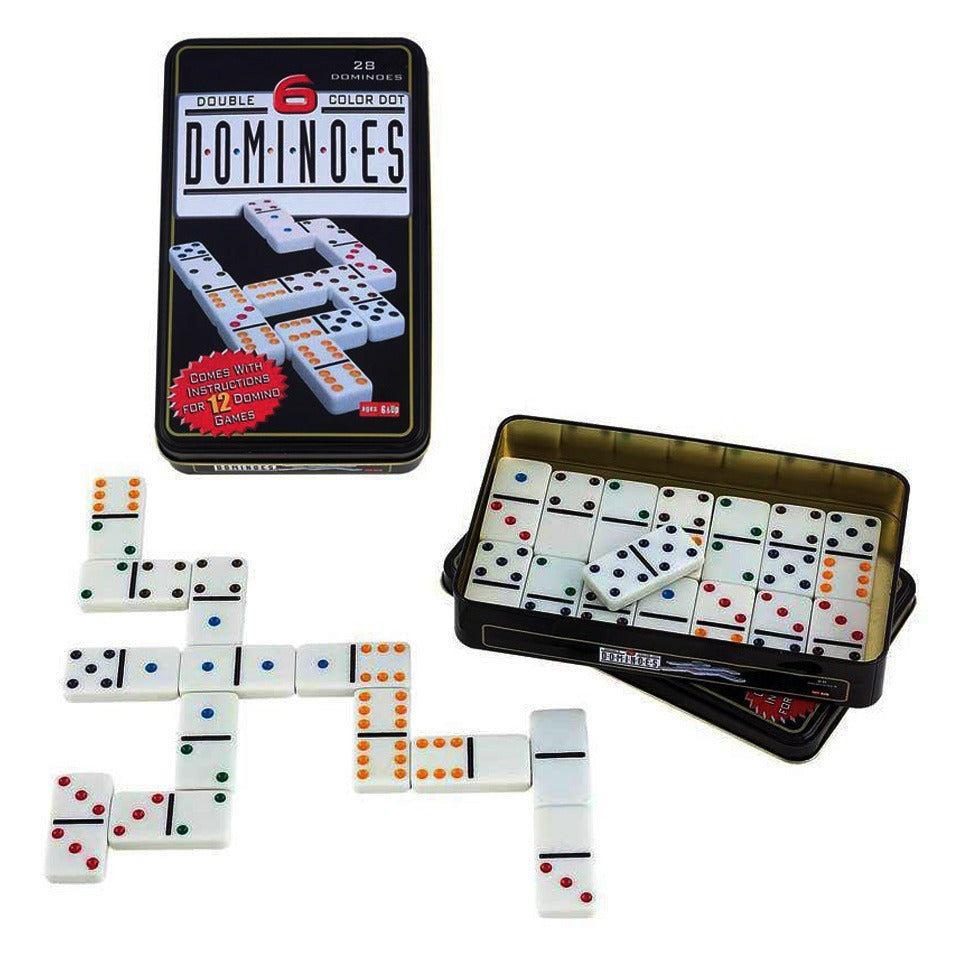 Double 6 Color Dot Dominoes tin pack open showing 28 white domino tiles with color dots and instructions