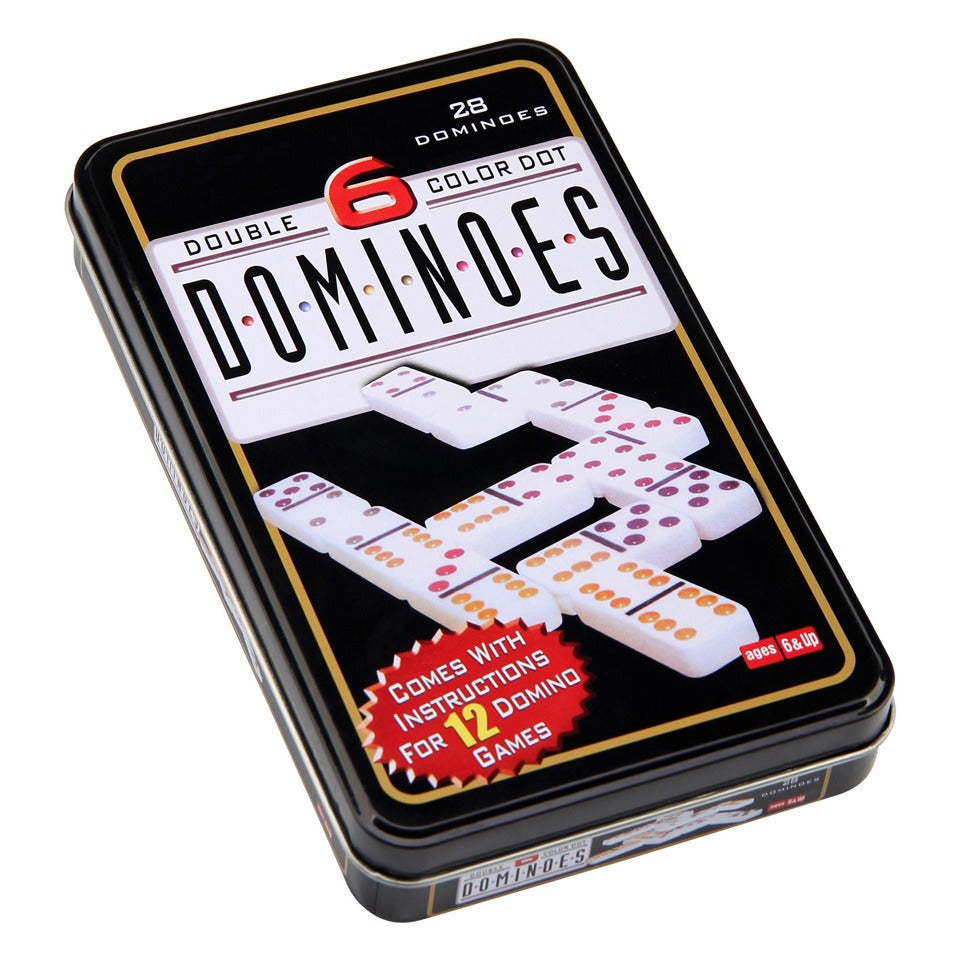 Double 6 Color Dot Dominoes premium black tin box - comes with instructions for 12 domino games, ages 6+