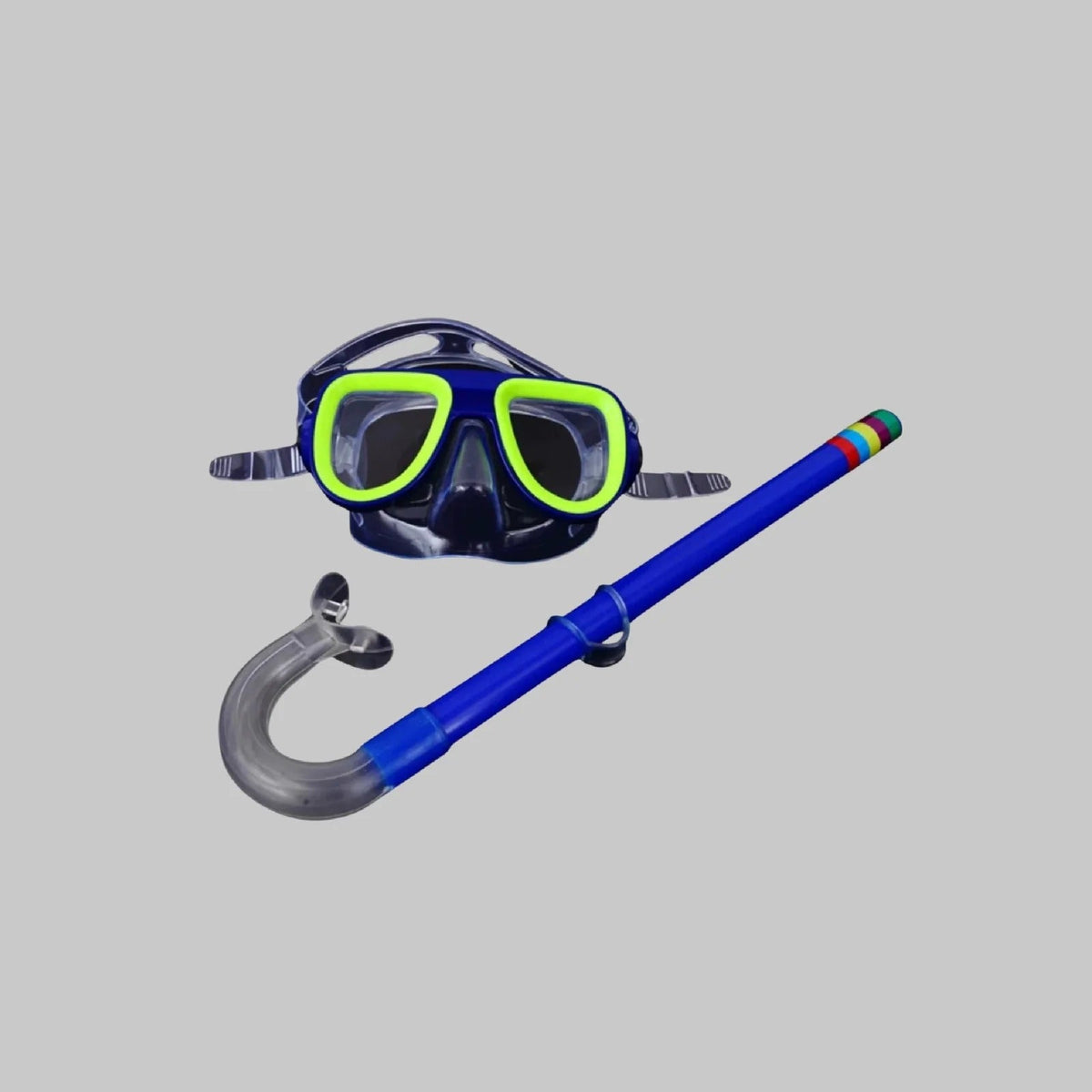 Kids snorkel mask and tube set 1932 - navy blue frame with neon green trim and blue multicolor tip snorkel tube