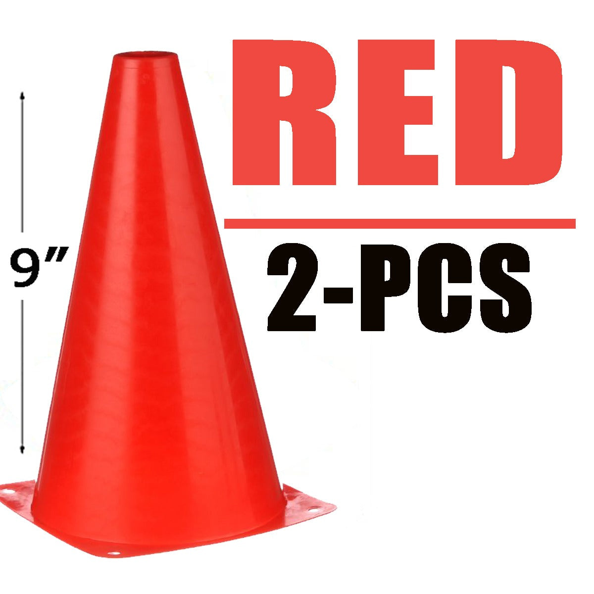 Sports Training Cones 9 inch red showing single red cone with RED 2-PCS text and 9 inch height label on white background - red 2pc pack view