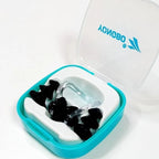 YONGBO swimming nose clip and black ear plugs set in teal storage case open view