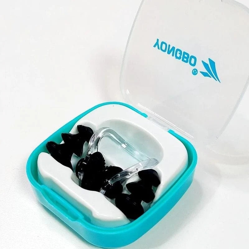 YONGBO swimming nose clip and black ear plugs set in teal storage case open view