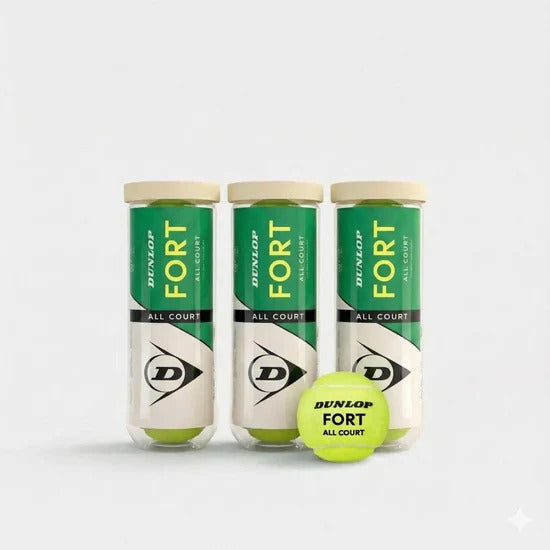 Dunlop Fort All Court tennis balls three green pressurised cans with one yellow-green ball in front - multi-pack view