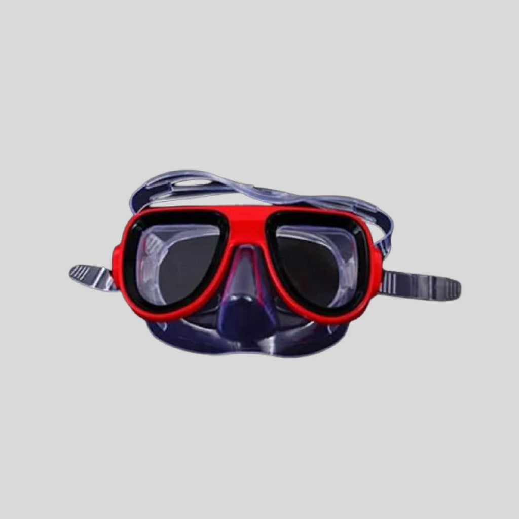 Kids dual-lens swimming mask red frame with navy blue body - dark tinted lenses with nose cover and adjustable strap