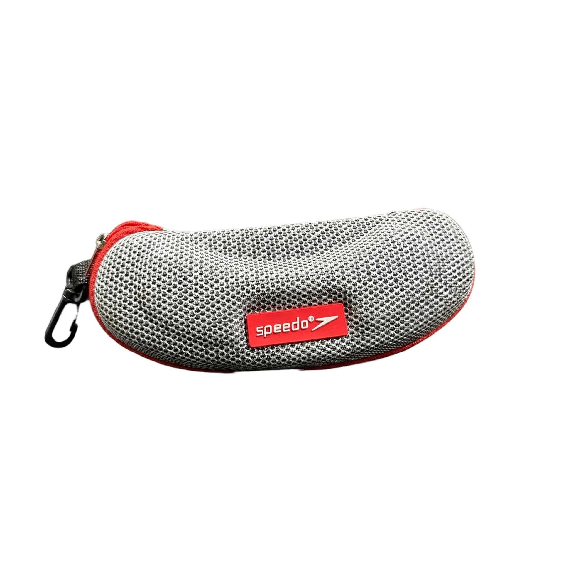 Premium grey mesh Speedo zipper case with red zipper and carabiner clip - goggle storage case
