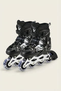 Inline roller skates black high-cut boot with buckle strap and LED clear wheels - front pair view