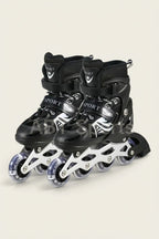 Inline roller skates black high-cut boot with buckle strap and LED clear wheels - front pair view